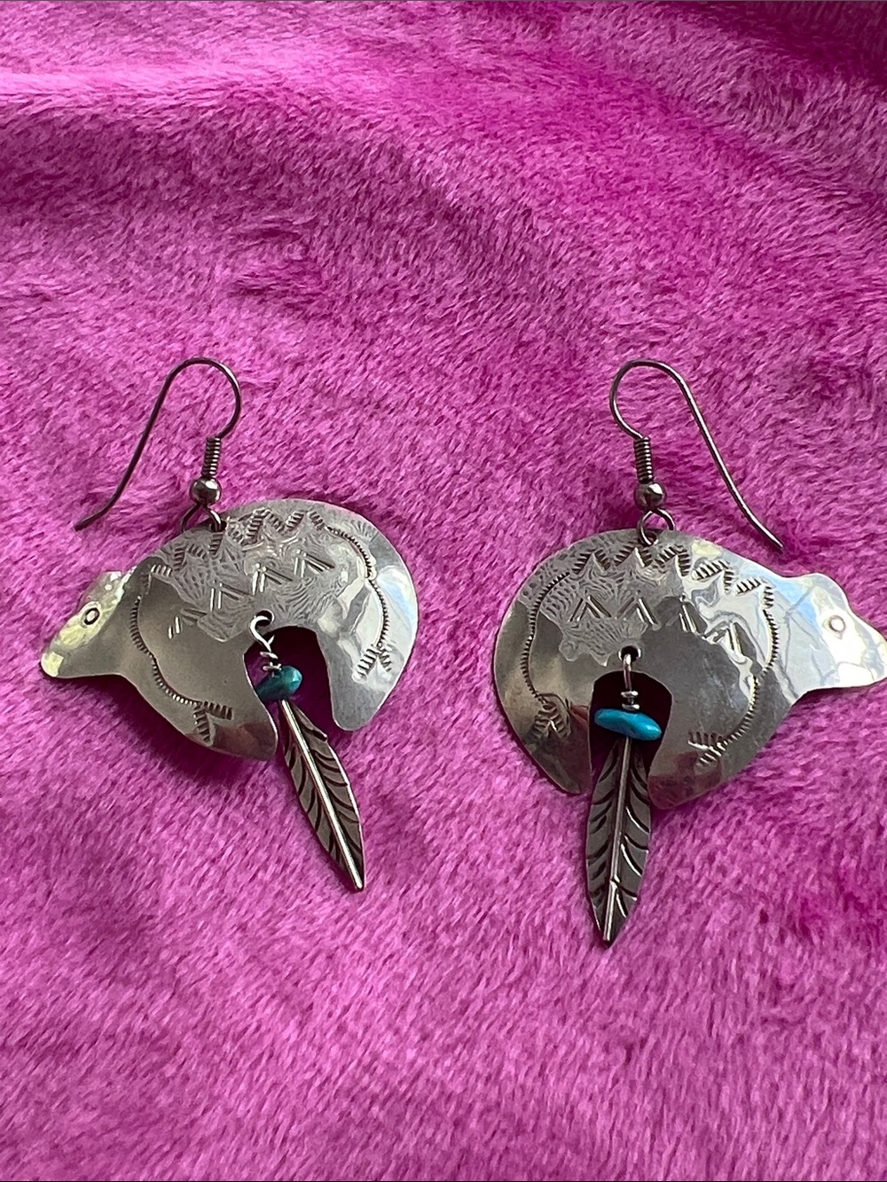Silver Bear Feather Earrings with Turquoise Beads - Women Jewelry
